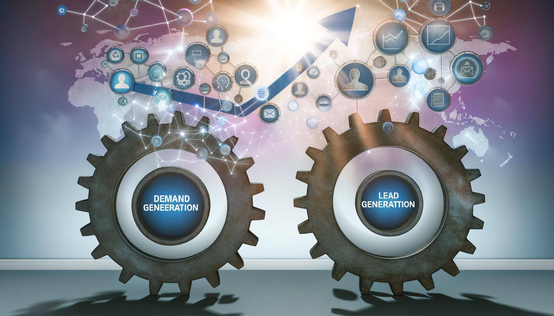 An image featuring an allegorical representation of marketing strategies. The forefront displays two large, interlocking gears - one labelled "Demand 